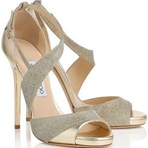New Jimmy Choo Tyne Gold Lame Glitter Heels - Size 38.5